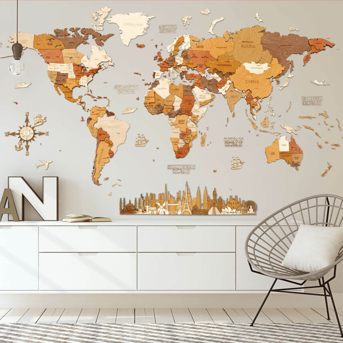 木製世界地図の壁の装飾
