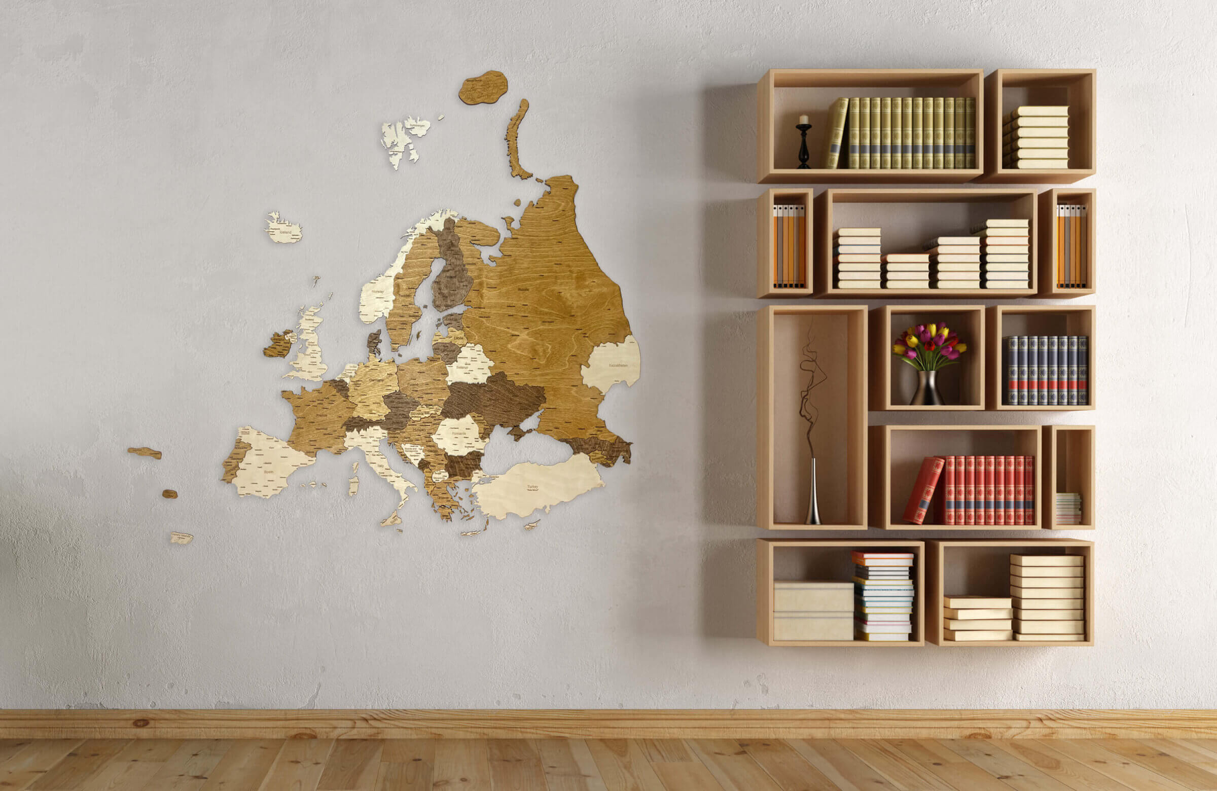 Carte 3D de l'Europe en bois - décoration murale